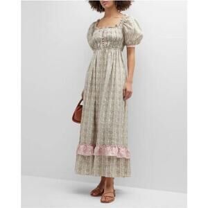 Lug von Siga Elisa Smocked Peasant Style Linen Dress Green/Pink US 6 NWT